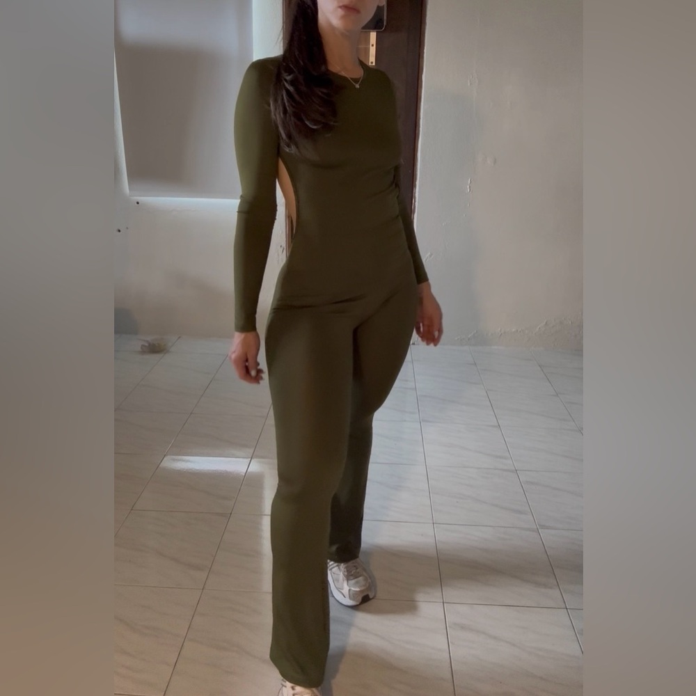 Women's Long Jumpsuit. Olive Green Stretch